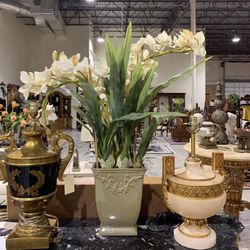 Artificial Faux White Orchid Floral Flowers in Olive Ceramic Vase - See measurements