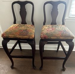 MOVE OUT SALE: Set of 2 Vintage Queen Anne style bar stools with a floral brocade seat