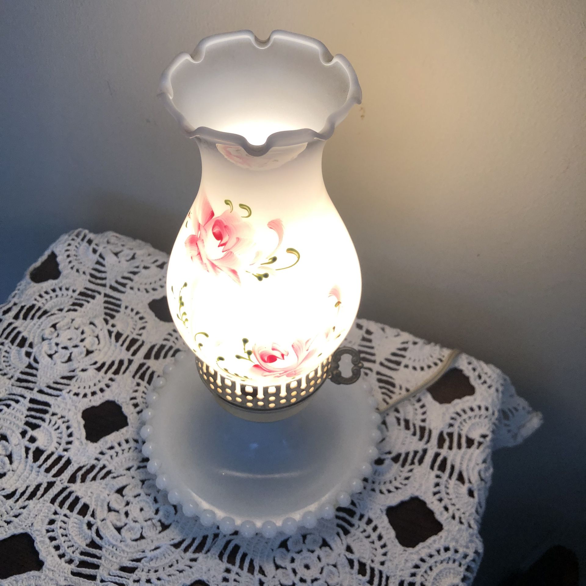 Vintage Table Lamp Bedside Boudoir — White Hobnail Milk Glass Lamp — Hand Painted Chimney