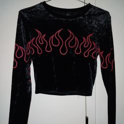 Size Medium Velvet Like Crop Top With Flame Design 
