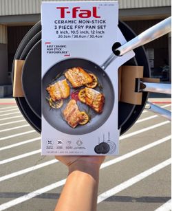 T-fal Ceramic Non-Stick Frypan Set, 3-piece includes three frying pan sizes: 8-inch, 10.5-inch, and 12-inch.