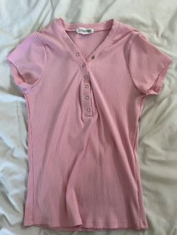 OrangeKiss Pink Ribbed Henley Top