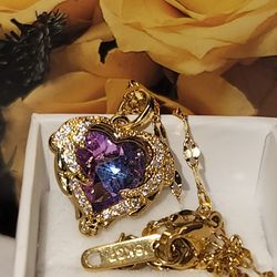 #1676, SWAROVSKI CRYSTAL, & REAL SHIP DIA 18K GP,  FILIGREE HEART NECKLACE 9"IN
