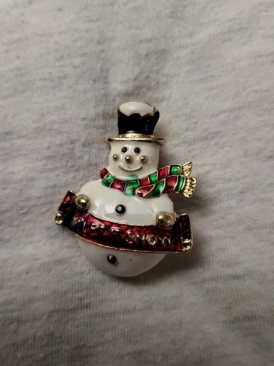 Let It Snow Christmas White Snowman Brooch Pin