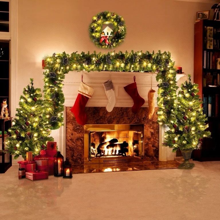 AWQM 4-Piece Christmas Decoration Set, Pre-lit Artificial Christmas Tree Garland Wreath 4FT Xmas Trees 4-Piece Set, Outdoor Christmas Tree for Porch,
