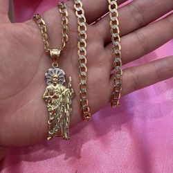 14k Gold Cuban Style Chain W San Judas