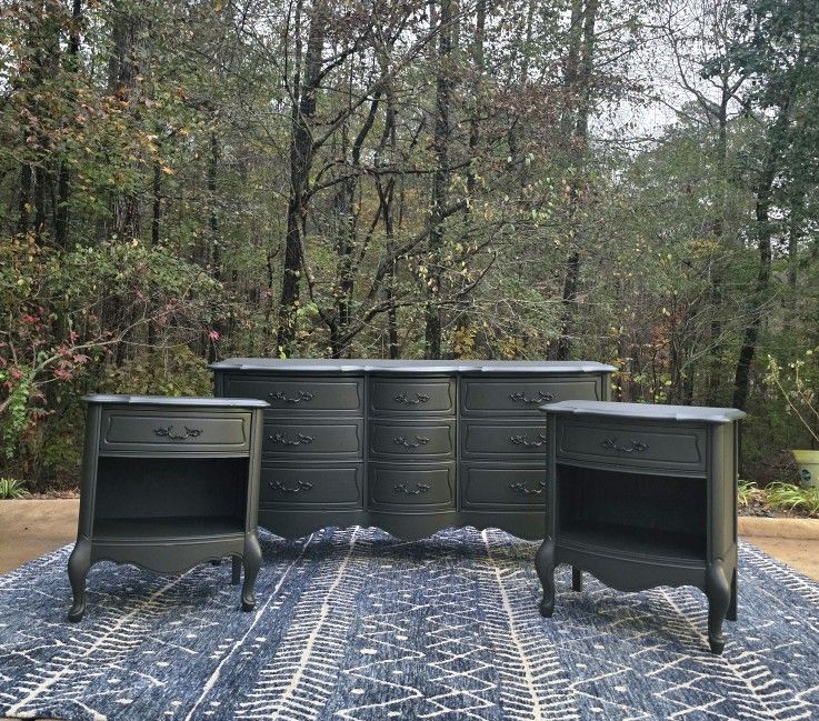 Dresser & (2) Nightstands • Black French Provincial 