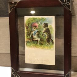 Antique Anthromorphic Cats - 1911 Mailed Postcard in Embossed Corners Wood Frame 7x9  This antique postcard from 1906 features a beautiful copper fram