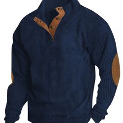 Men Fashion Corduroy 1/4 Button Up, Elbow Patch, Pull Over Sweatshirt (Navy Blue) Size 3XL 