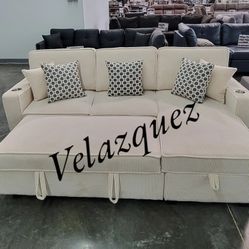 ✅️✅️2 pc beige corduroy fabric sectional sofa with reversible storage chaise and pop up sleep area✅️