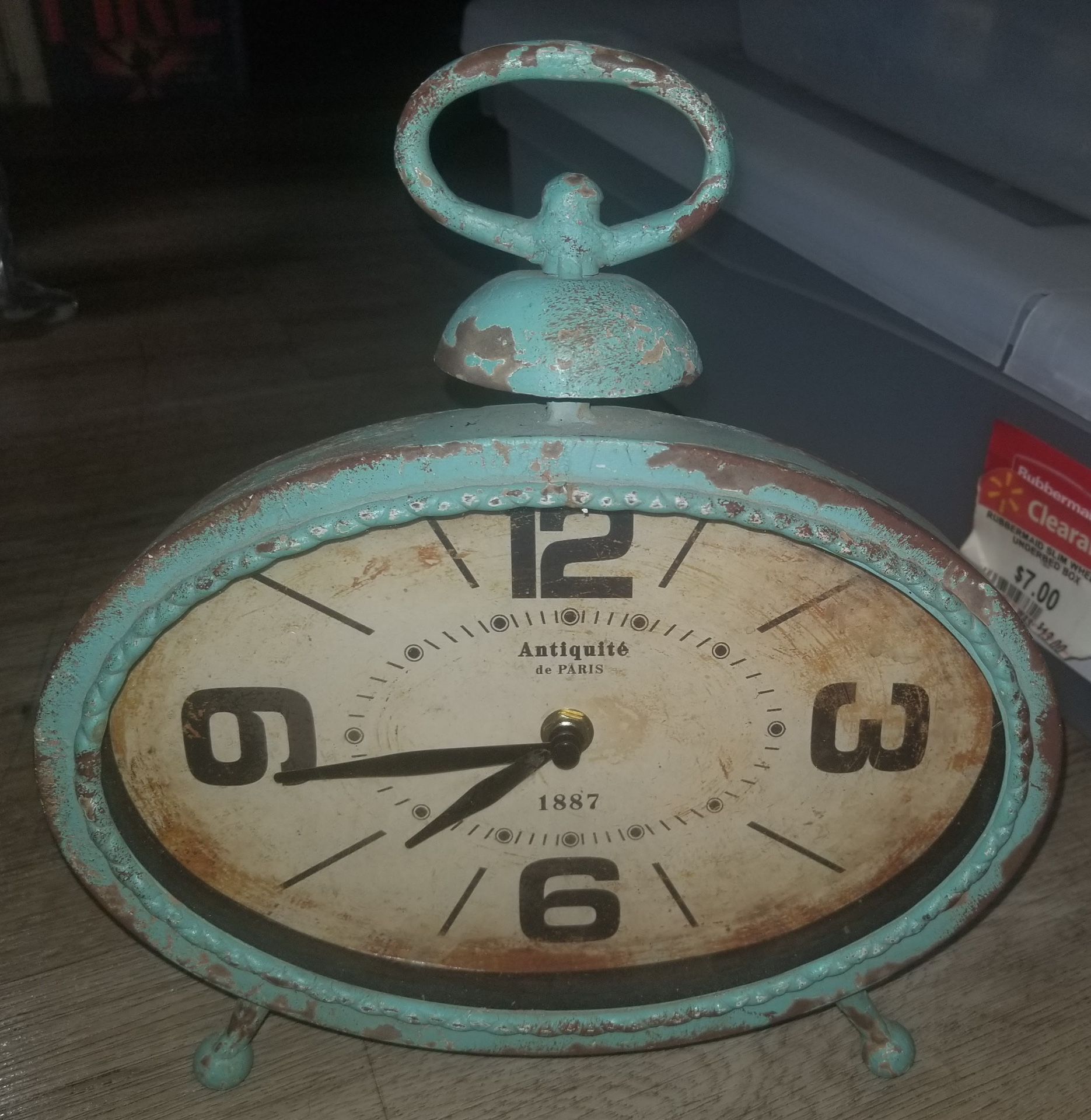 Antiquitè De Paris 1887 Teal Distressed Metal Rim Wall Clock 11.5"x12" Oval