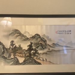 Chinese-style landscape painting, showing misty mountains, traditional houses & trees  38 in x22 in