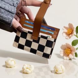 Cute Slim Checkered Canvas Wallet for Women Compact Front Pocket Credit Card Case, Minimalist Purse for Cards (Brown)