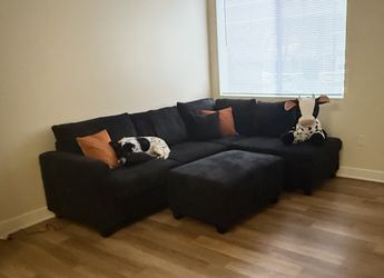 Black Corduroy Sectional Sofa + Storage Ottoman