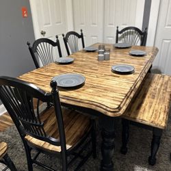Burned Wood Dining Table with Leaf, 4 Chairs and Bench Refinished- Read Description