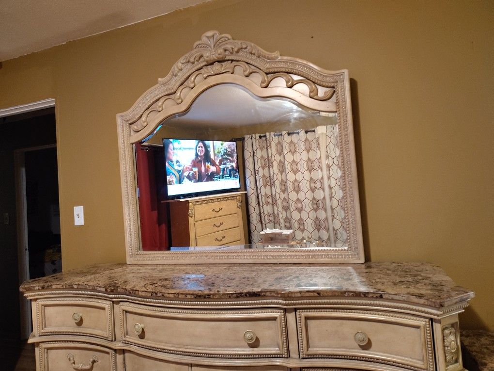 Four Piece Marble And Wood Dresser Mirror And Nightstands