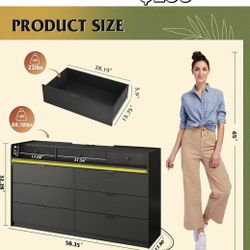 😀 9 Drawer LED Dresser for Bedroom, 58.35'' Black Wooden Dresser Storage Organizer with Power Outlets for 65'' TV, Dressers with Open Shelves, Chest 