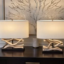 RH Restoration Hardware Sculptural Wood Table Lamps – Pair