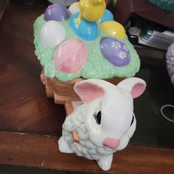 Ceramic Easter Bunny Rabbit Pulling A Cart With A Baby Chick  Thumbnail