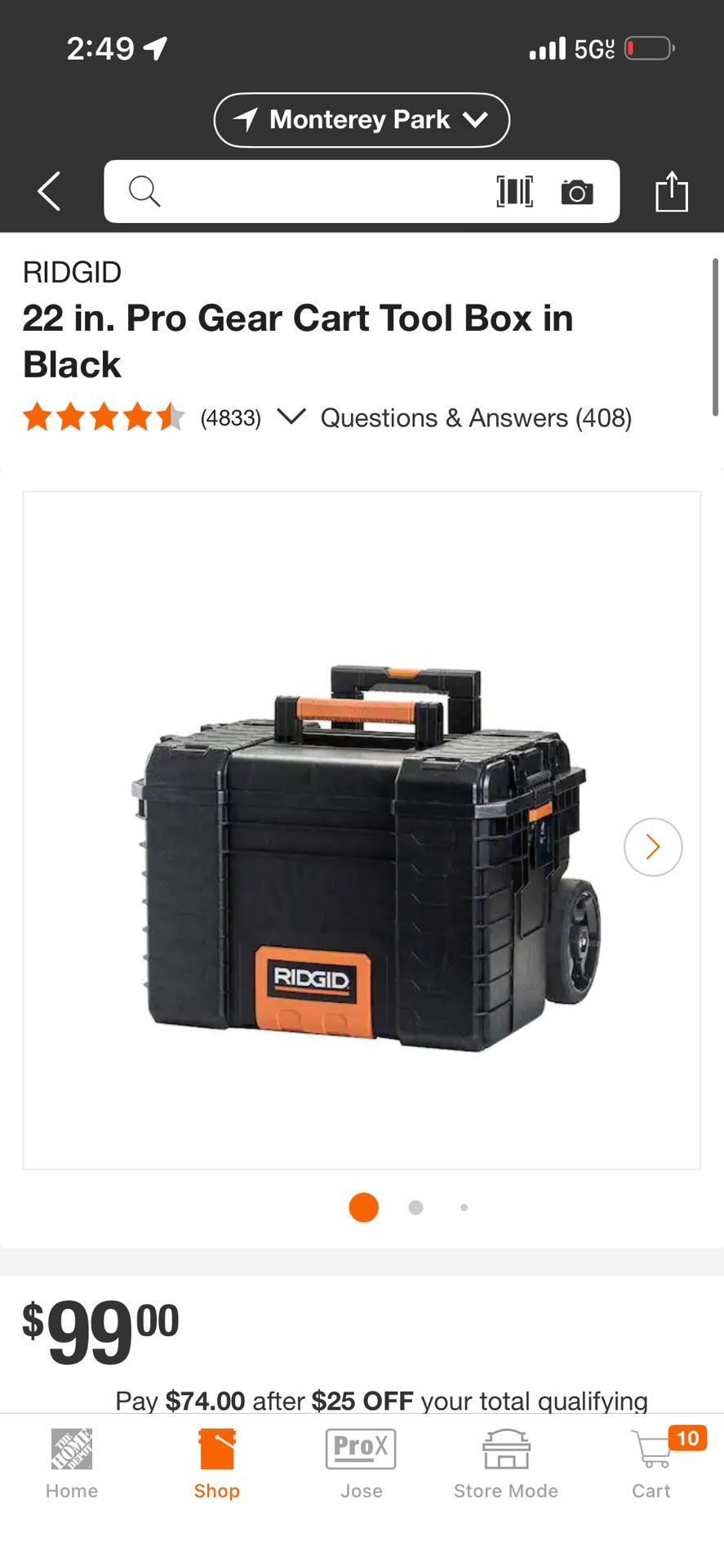 22 in. Pro Gear Cart Tool Box in Black