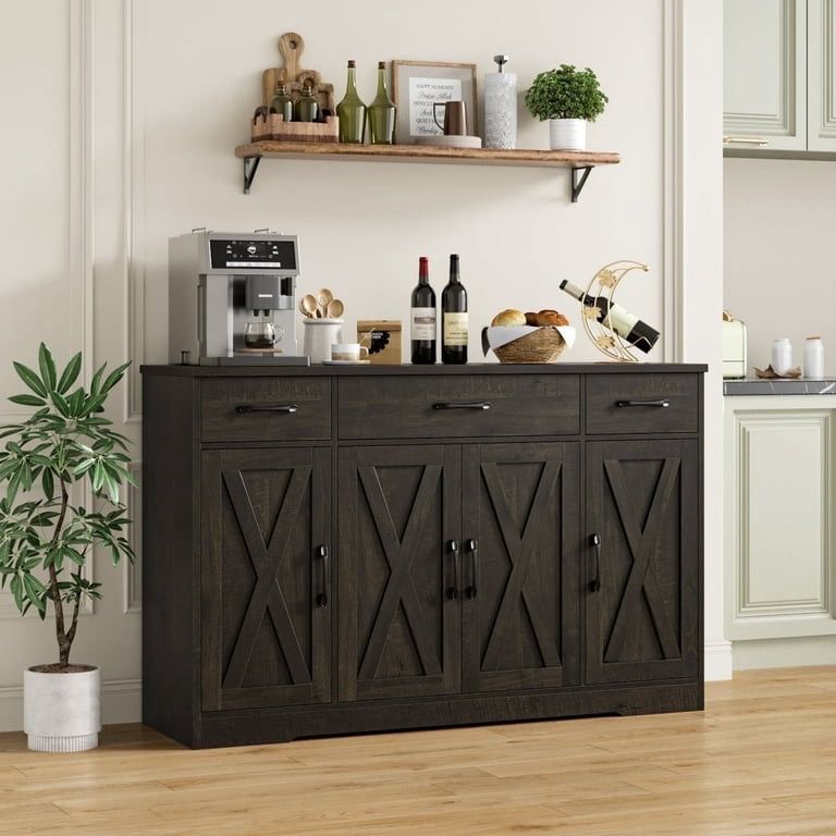 Buffet Cabinet with 3 Drawers and 4 Doors, 55.1” W Kitchen Sideboard Storage Cabinet with Adjustable Shelves, Farmhouse Coffee Bar Cabinet for Dining