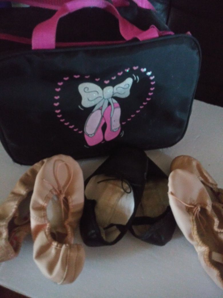 Ballet/dance bag and shoes (3 pairs of shoes) shoe size little girls size 12, size 13 and size 1