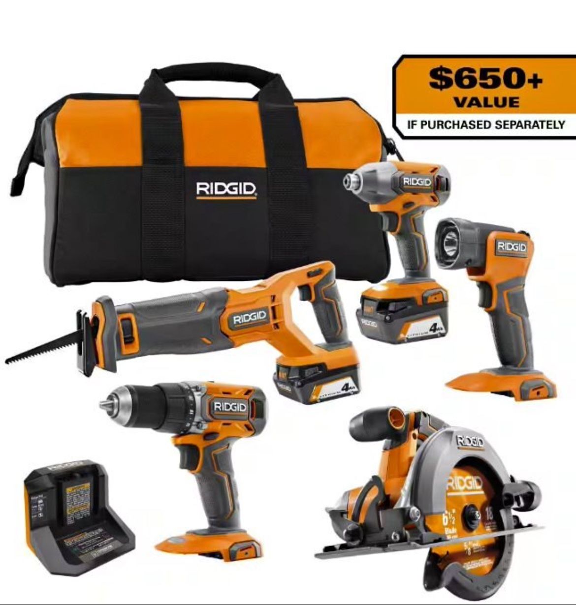 Nuevo Kit RIDGID 18V Inalámbrico – 5 Herramientas – Caja Sellada – 2 Baterías 4.0Ah + Cargador + Bol