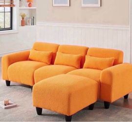 The 84.6 inch Orange Teddy Fleece Creative Sofa can be Assembled into a Two Seater Sofa with a Single Couch with Three Waist Pillows to Perfectly Stre