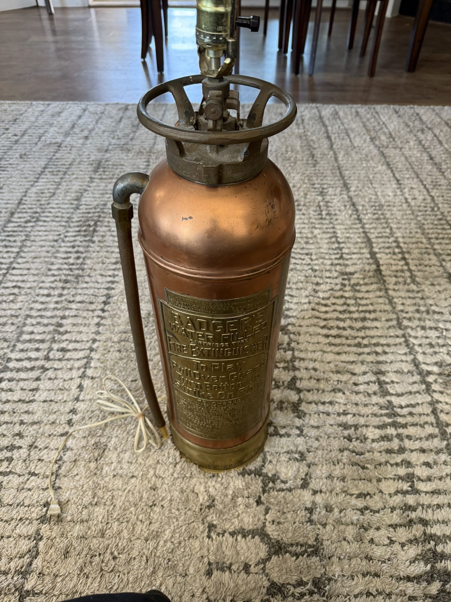 Vintage Badgers Fire Extinguisher Brass Copper lamp With Instruction Plaque