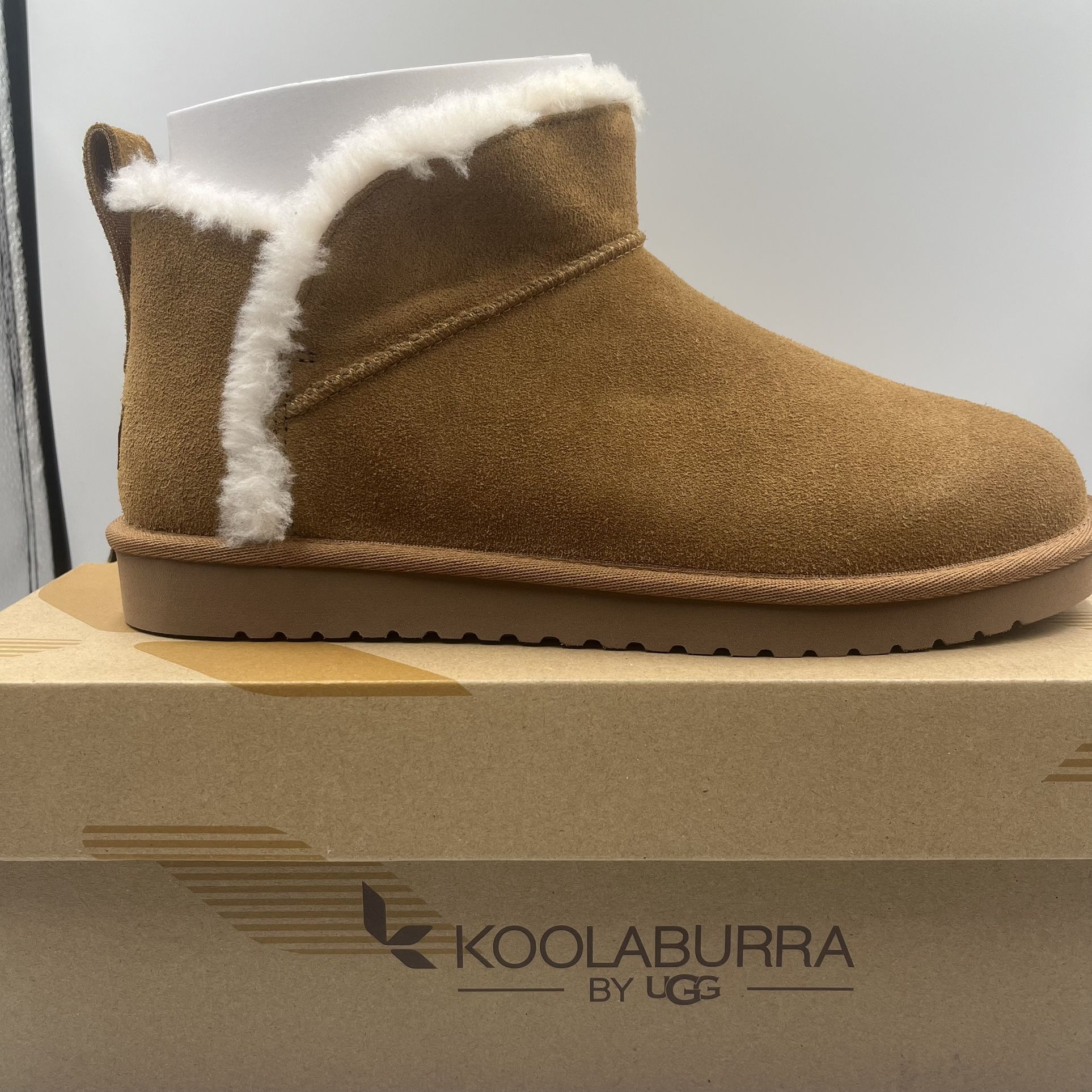 NEW UGG Koola Ultra Mini Boots Women’s Size 10 Chestnut Suede Faux Fur Lined NIB