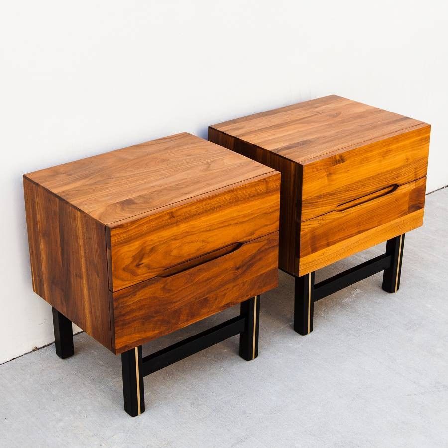1960s Solid Walnut Two Drawer Nightstands with Sculpted Pulls