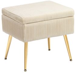 Cream Corduroy Storage Ottoman / Vanity Stool with Gold Legs