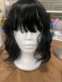Black Short Wavy Wig With Front Green Highlights  #13