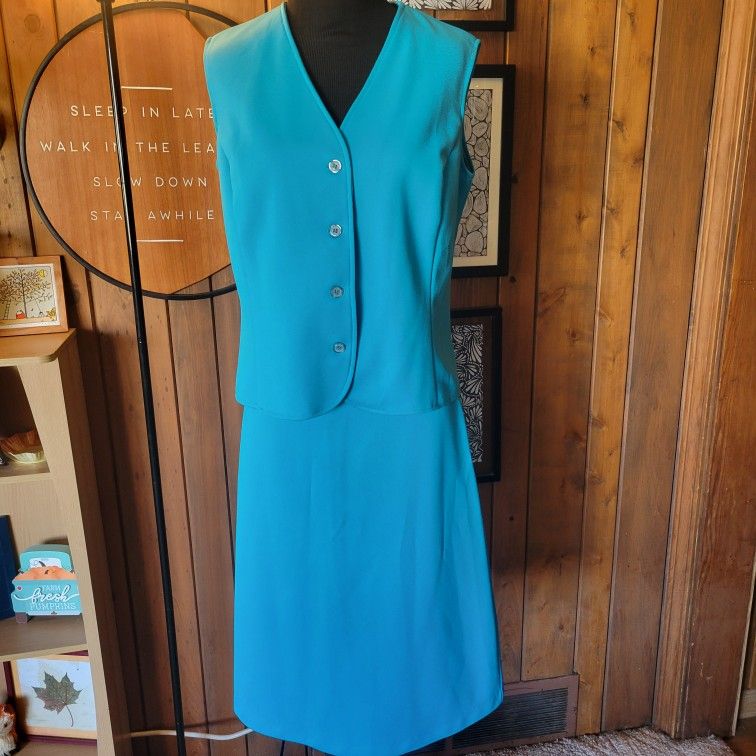 Vintage 1980s Solid Turquoise Women's 2 Piece Skirt Set Top Sz 14 Skirt S 10