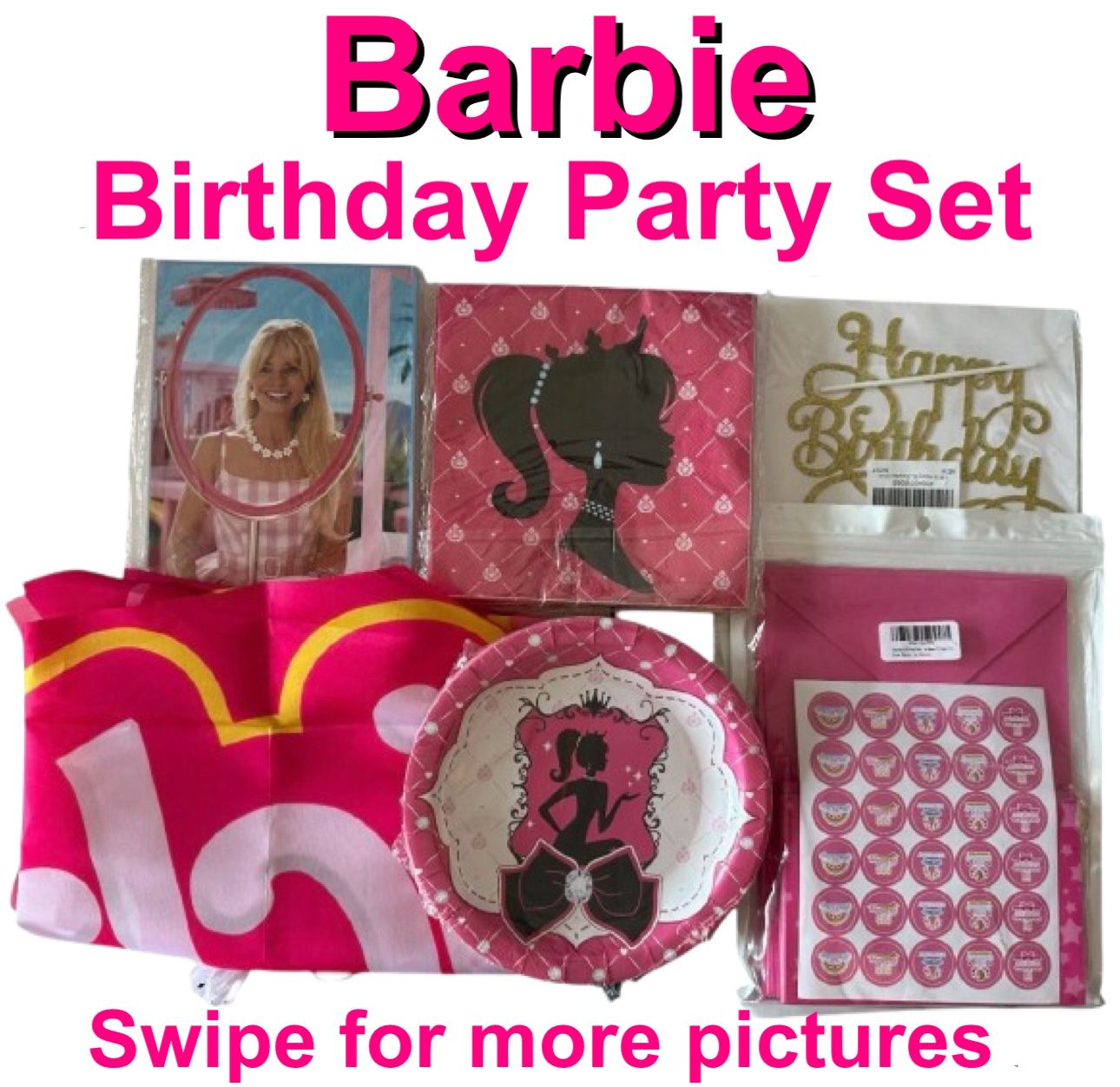 Barbie Theme Birthday Party Set Plates Napkins Backdrop Banner Invitations Pink