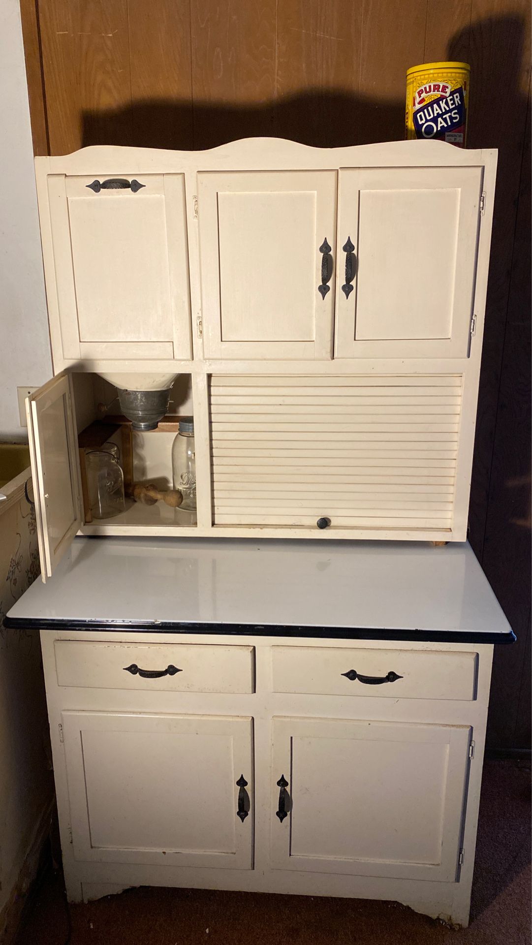 Antique Hoosier cabinet with metal enameled pull out table roll door and flour bin/Sifter