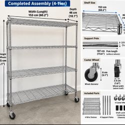 Large 4-Tier Heavy Duty Chrome Wire Shelving Rack with Wheels – 60” Wide