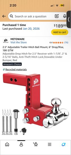 New METOWARE 2.5" receiver, 6” Adjustable drop Trailer w/tri ball