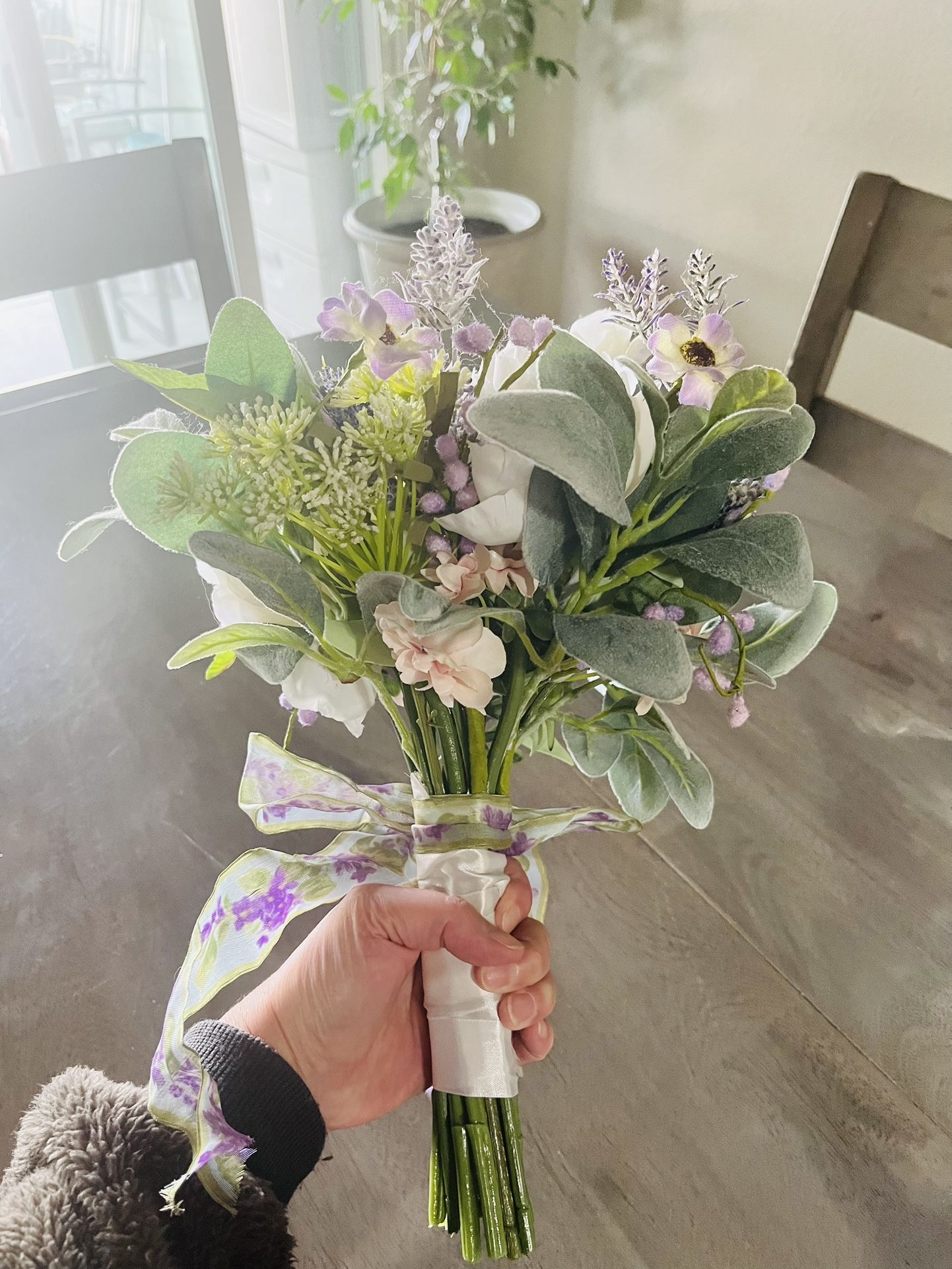 Handmade Faux Flower Lavender White Natural Looking Floral Bridal Wedding Bouquet For Bride