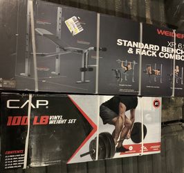 Bench rack and 100 lb weight set gym equipment weights set bench press barbell COMBO