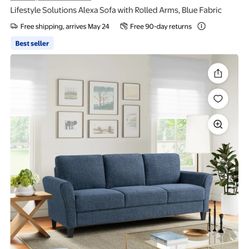 Alexa Sofa with Rolled Arms, Blue Fabric
