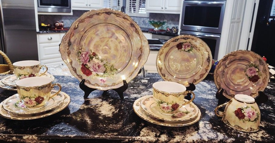 Vintage Haas-Czjzek Teacup, Saucer, Dessert, and Large Plate, Handmade Porcelain, 4 person set