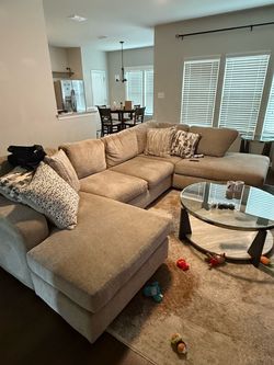 Large Beige Fabric Sectional Sofa with Swivel Love Seat