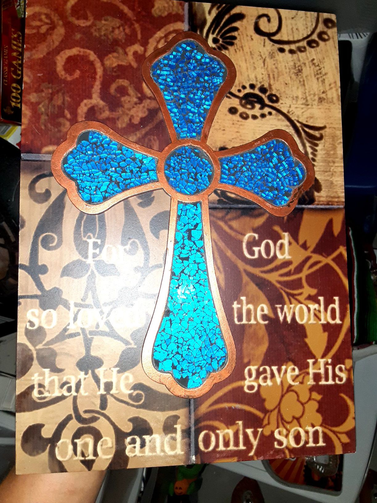 Wooden cross pic with stain glass in middle