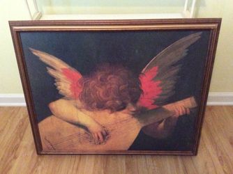 Angel canvas oil painting in wood frame 33”wide 27” tall