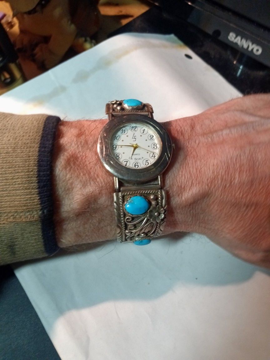 Sterling Silver, Turquoise La Scala Watch Signed By Navajo.