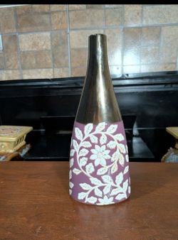 12.5" x 5" Ceramic vase with white embossed floral and leaf patterns