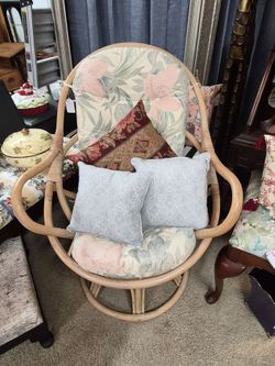 Rattan Papasan Chair with Floral Cushion