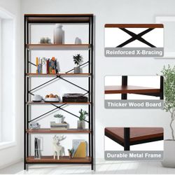 Bookshelf, Industrial Book Shelf Large Storage Shelves, Display Shelf Tall Bookcase Metal Bookshelves, 6 Tier Bookcases Wood Heavy Duty Shelving Unit 