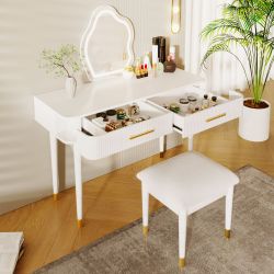Cozy 40 White Modern Vanity Table Solution, Making Mornings a Breeze, Equipped with a Touch Screen Illuminated Mirror, Graceful Dressing Table and a C